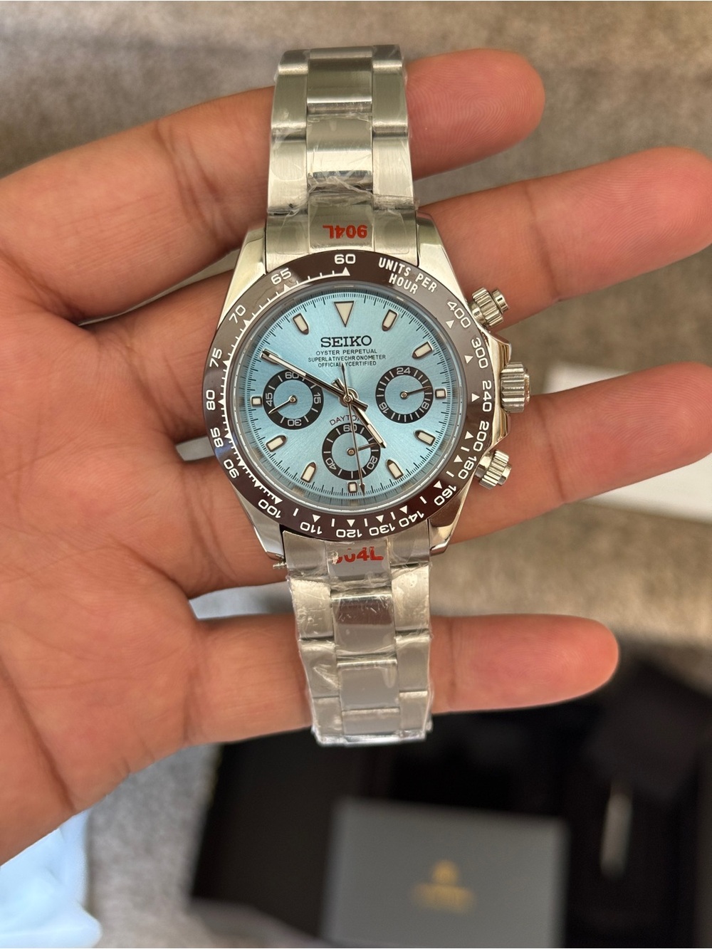 Seiko mod Stainless Steel Chronograph Watch with Ice Blue Dial